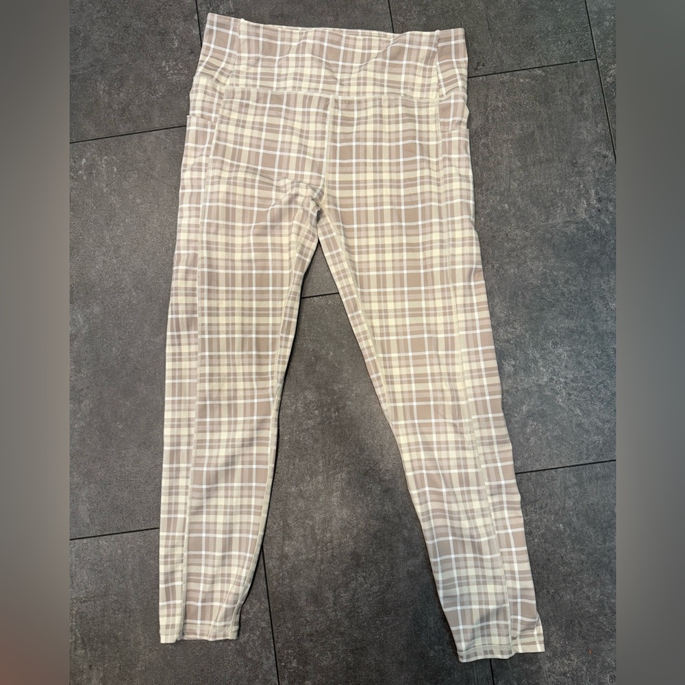 SENITA ATHLETICS Plaid Beige and White Full Length Leggings